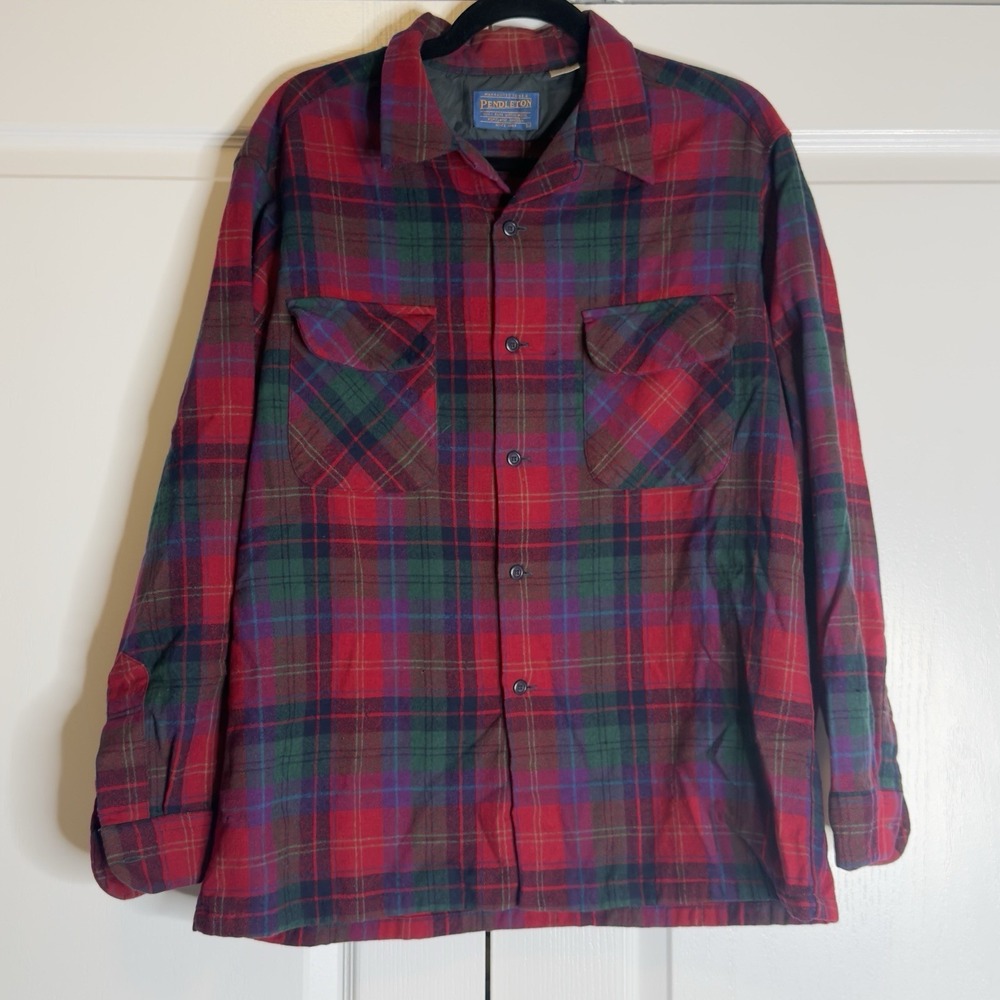 Pendleton Shirt Mens Large Red Plaid Wool Flannel Long‎ Sleeve Lined Made USA